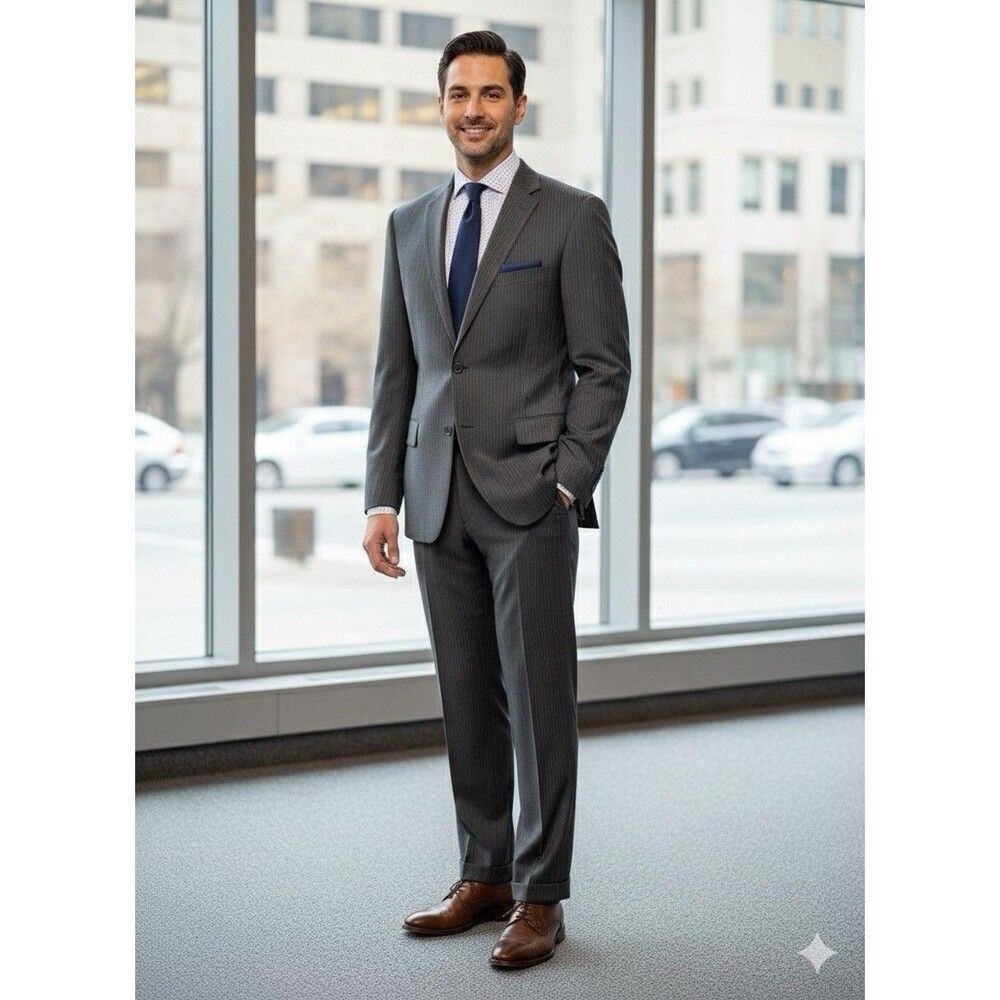 Jos A Bank Traveler's Tailored Fit Pinstripe Suit Jacket 44L Pants 39L 100% Wool